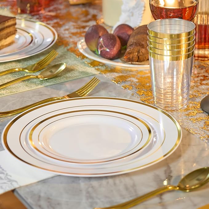 175 Pcs Gold Disposable Plates for 25 Guests, Disposable Plastic Plates, Dinnerware Set Include 25 Dinner Plates, 25 Salad Plates,25 Cups, 25 Paper Napkins for Party, Wedding, New Year
