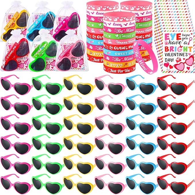 36 Set Valentines Day Gifts for Kids Heart Sunglasses with Valentines Cards Silicone Bracelet Wristbands School Classroom Exchange Gifts Party Favor for Girls Boys