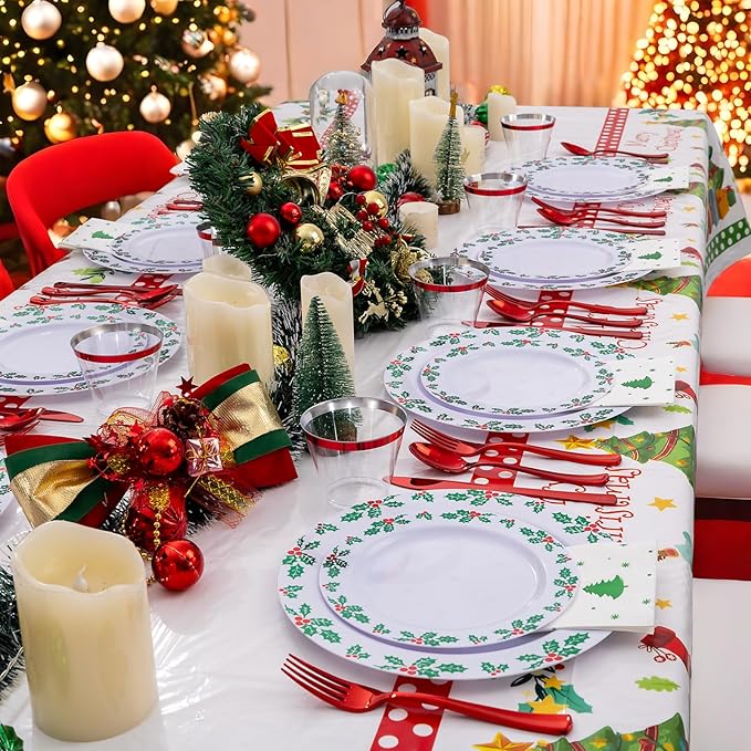 GATHER 176Pcs Christmas Plastic Plates - Heavy Duty Christmas Dinnerware Set Includes 50 Plates, 75 Red Plastic Silverware, 25 Cups, 25 Napkins and 1 Tablecloth for Xmas Party