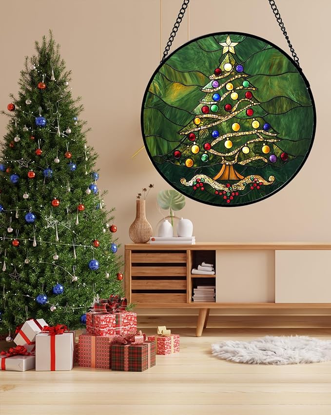 Stained Glass Window Hanging - Green Christmas Tree with Colorful Lights Suncatcher for Doors Home Christmas Decoration Sun Catcher Thanksgiving New Year Birthday Gifts for Women Men Mom Nana 11.8 in