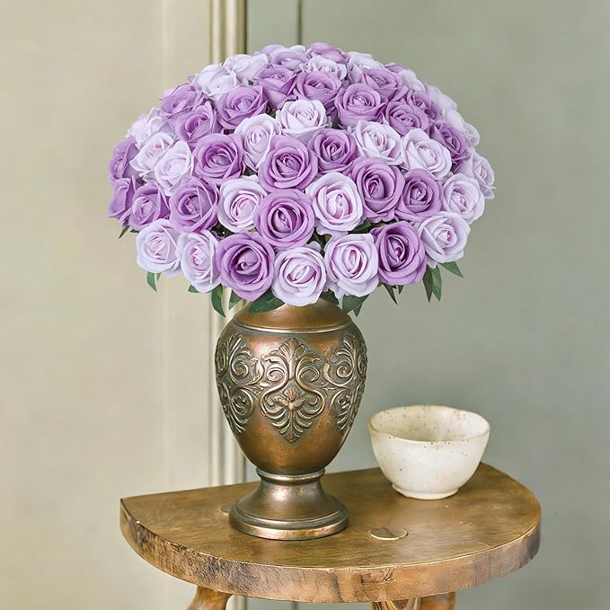 50 PCS Purple Roses Artificial Flowers, Fake Roses with Stem Realistic Silk Roses for DIY Wedding Bouquets Table Centerpieces Arrangements Baby Shower Birthday Home Decor Valentine's Day Gift for Her