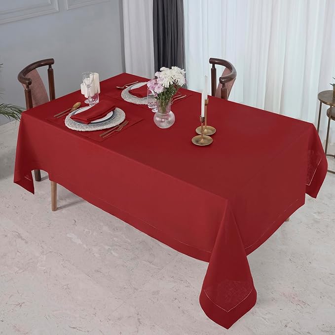 D'Moksha Homes Red Linen Tablecloth for Rectangle Tables 60 x 84 Inch - Classic Hemstitch 100% Pure Linen Red Table Cloth - Machine Washable Dining Tablecloth for Valentines, Spring