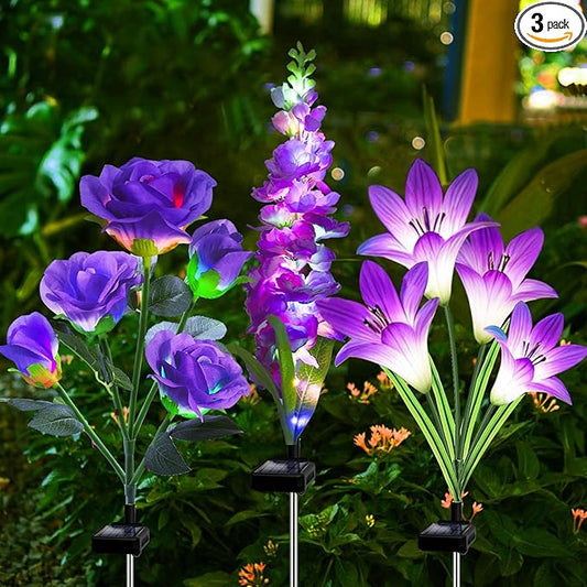 Solar Garden Lights Waterproof, 3 Pack Solar Flowers Lights Includes Lily Rose Delphinium, Gardening Gifts for Mom Grandma Women, 7-Color Changing Outdoor Decor for Garden Yard Patio Lawn