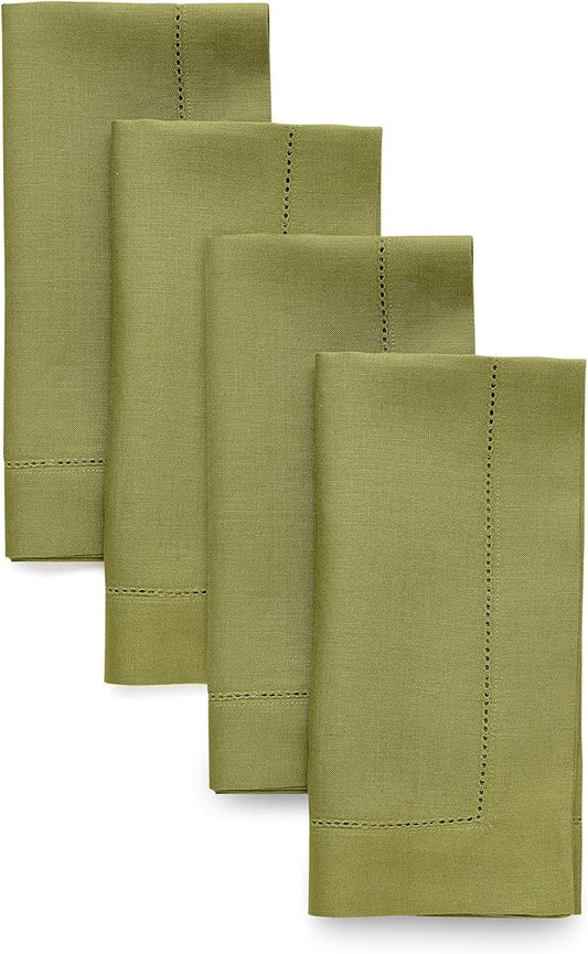 Solino Home Linen Napkins Set of 4 - Classic Hemstitch 100% Pure Linen Avocado Green Dinner Napkins Cloth 20 x 20 Inch for Winter, Spring, Easter, St Patricks Day - Handcrafted and Machine Washable