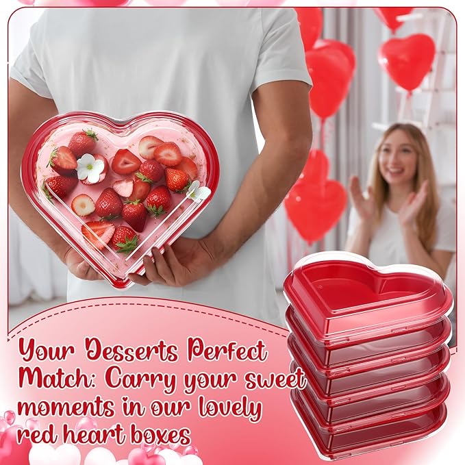 Macarrie 25 Pcs Valentine's Heart Shaped Serving Tray Platter 20 oz Heart Plates with Clear Lids Dessert Plates Snack Tray for Valentine Birthday Party Table Decoration (Red)