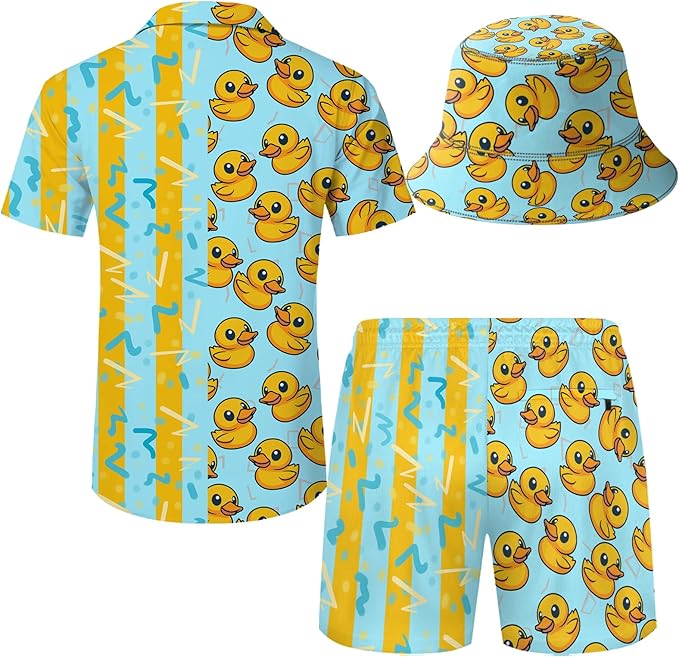 Men's Hawaiian Shirt and Shorts Set 2 Piece Beach Outfits with Bucket Hats for Beach Days and Summer Vibes