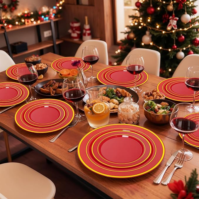 NOCCUR 200PCS Red Plastic Plates for 100 Guests - Include 100PCS 10" Dinner/ 100PCS 7" Dessert Plastic Plates Heavy Duty - Ideal for Wedding/Party/Valentines Day