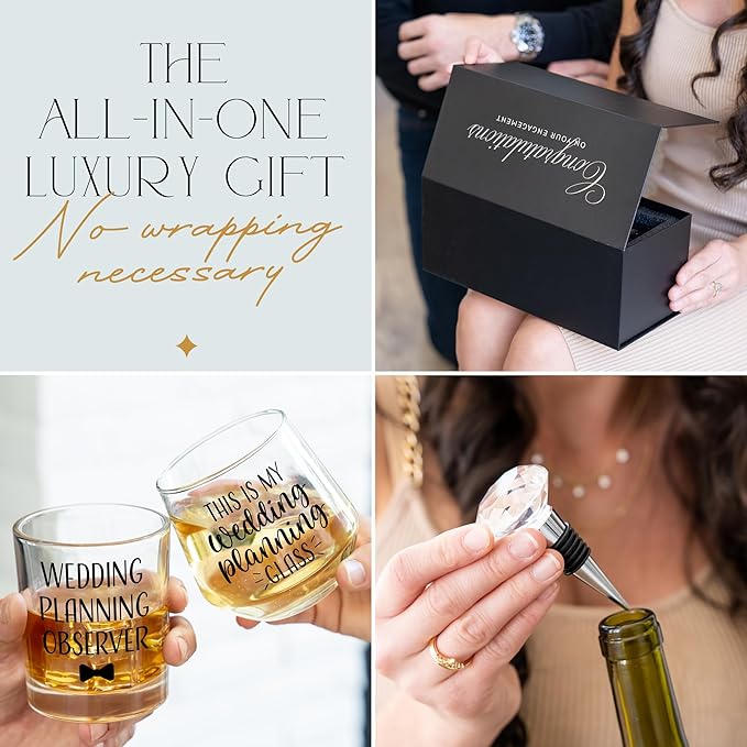 Wedding Planning Glass Engagement Gifts for Couples - Wine Whiskey Fiance Gift for Her and Him - Newly Engaged Couple Unique Glasses with Diamond Wine Stopper