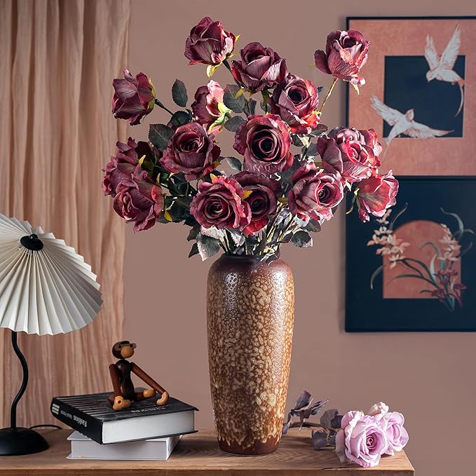 Artificial Flowers Autumn Artificial Roses 23.2In Fake Roses Long Stem Artificial Flowers for Tall Vase Silk Rose Suitable for Indoor Decoration Wedding Party Decor DIY Bouquet,Rose Red，20PCS