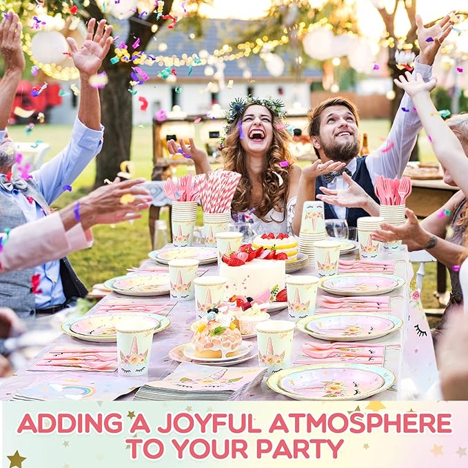 452 Pcs Unicorn Themed Birthday Party Decorations Include Unicorn Paper Plates Napkins Cups Tablecloth Cutlery Straws Rainbow Pastel Theme Party Supplies for Birthday Decorations