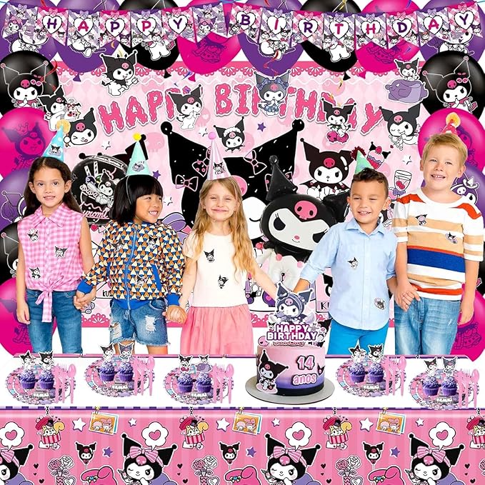 121Pieces Kuromi Birthday Party Decorations, Kids Cute Cartoon Party Supplies Include Happy Birthday Banner, Balloons, Tablecloth, Plates, Cupcake Toppers for Girls,Backdrop,