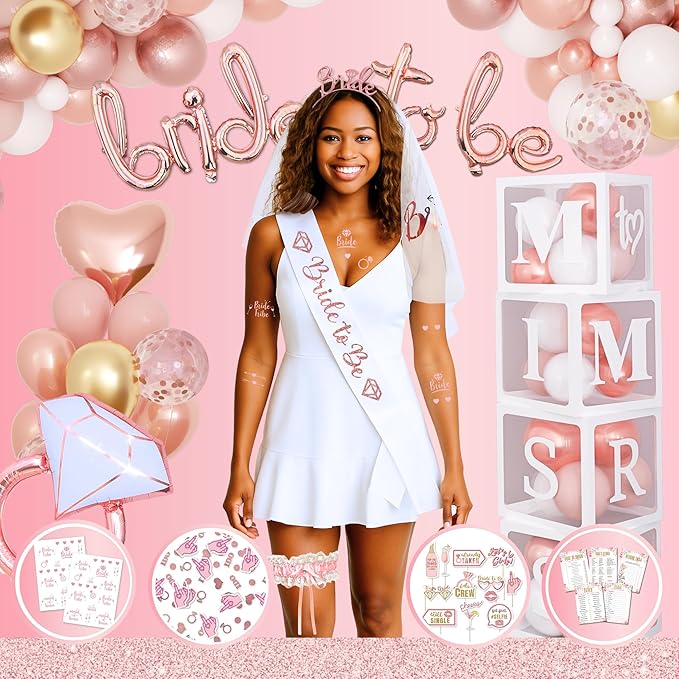 189 pc Bridal Shower Party Decorations – Balloons, Bride to Be Sash, Veil, Headband, Backdrop, Props – Pink Bachelorette Party Decorations for Engagement, Wedding, Rose Gold Bridal Shower Decorations