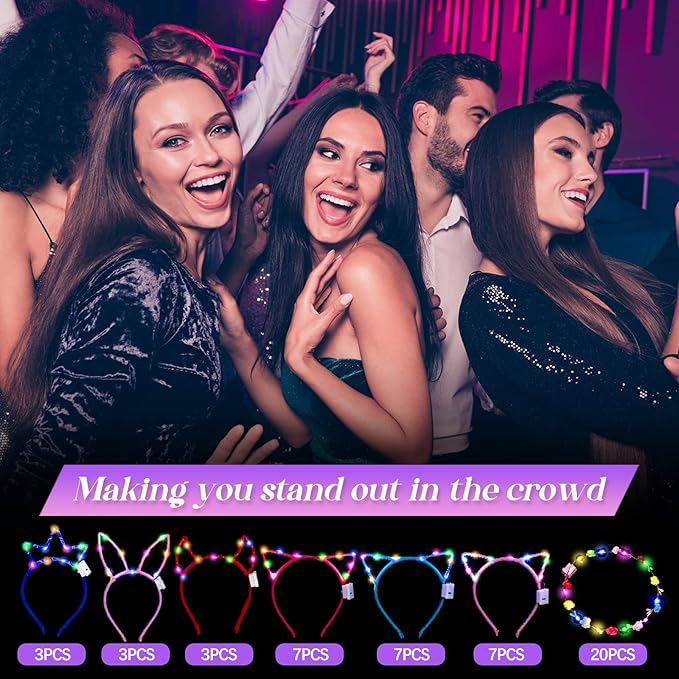 Xinnun 50 Pcs LED Cat Ear Headbands Bulk, Light up Flower Headband Glow Crown Rabbit Ear Head Accessories for Glow in the Dark Party for Valentine's Day Easter Mardi Gras Carnival Bachelorette