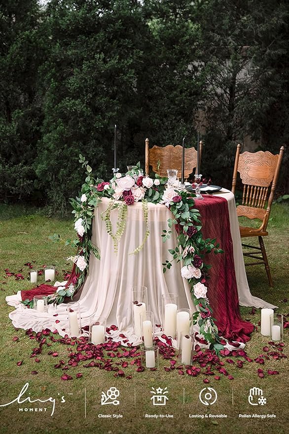 Ling's moment 9FT Spring Flower Garland - Wedding Arch Flowers, Eucalyptus & Rose, Artificial Floral Garland for Mantle - Sweetheart Table Decor for Reception, Backdrop Decorations, Marsala