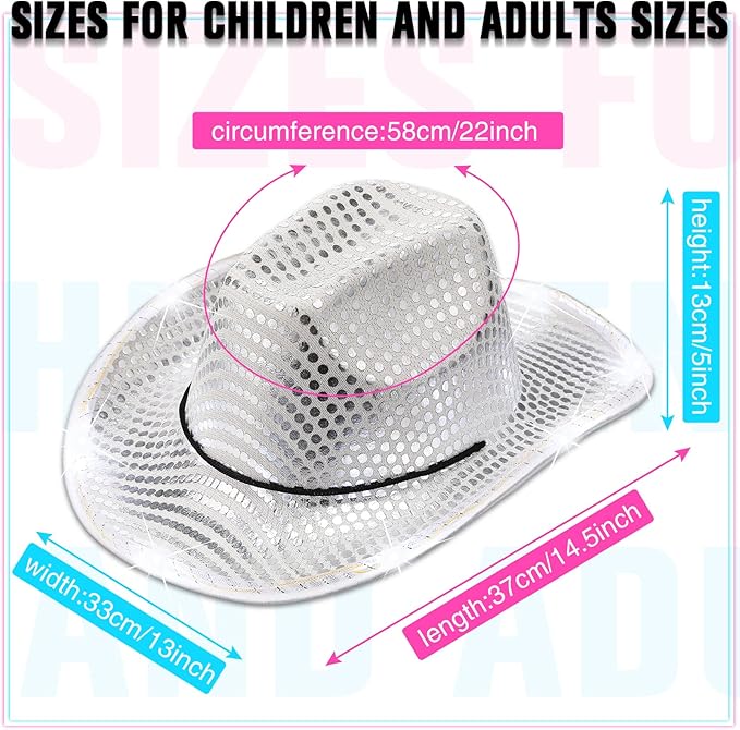 Kigeli 10 Pcs Lights LED Cowboy Cowgirl Hat LED Flashing Hat Cowgirl Hat for Western Cowboy Role Play(Silver,Sequin)