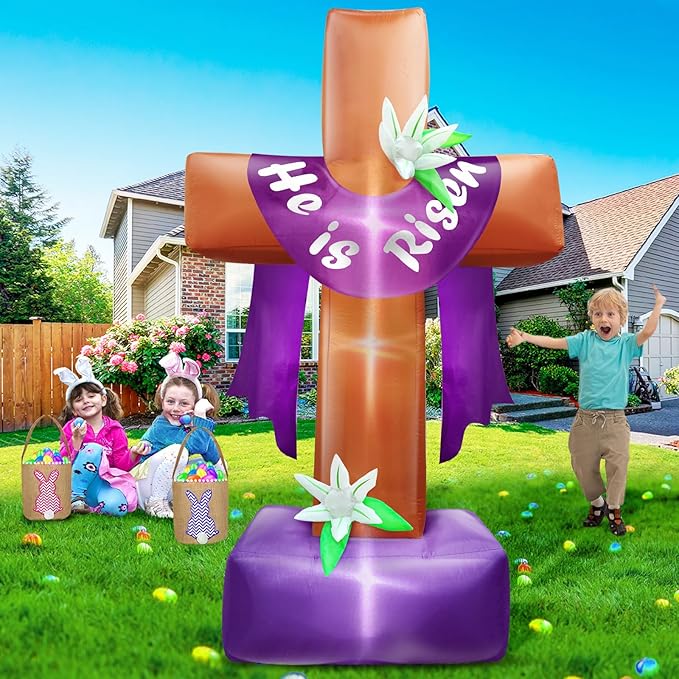 8 Ft Easter Inflatable Cross Outdoor Decoration, Blow Up He is Risen Yard Decorations with Built-in LED Lights Easter Party Decor Yard Garden Lawn Indoor Outdoor Home