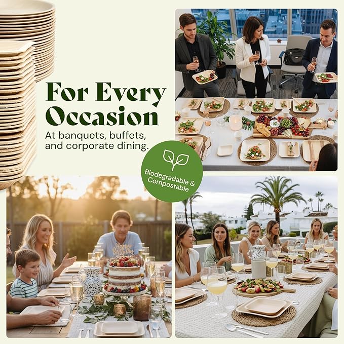 Chic Leaf Round Palm Leaf Plates - 10-Inch & 7-Inch, Pack of 48 - Compostable Disposable Bamboo Plates for Parties, Winter Cozy Dinner, Wedding & Valentines'day Romantic Candlelit Home Dining