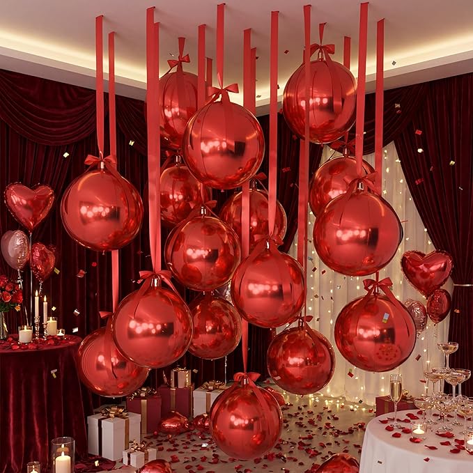 Jenaai 30 Set Valentine's Day Round Foil Balloons Bulk 22 Inch 4d Metallic Giant Balloons Set with Satin Bows Ribbon for Ceiling Holiday New Year Birthday Wedding Party Decoration(Red)
