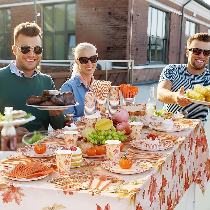 452 Pcs Thanksgiving Fall Party Decorations, Maple Leaves Thanksgiving Paper Plates Napkins Cups Tablecloth Cutlery Straws for Autumn Fall Theme Birthday Holiday Party Supplies, Serves 50