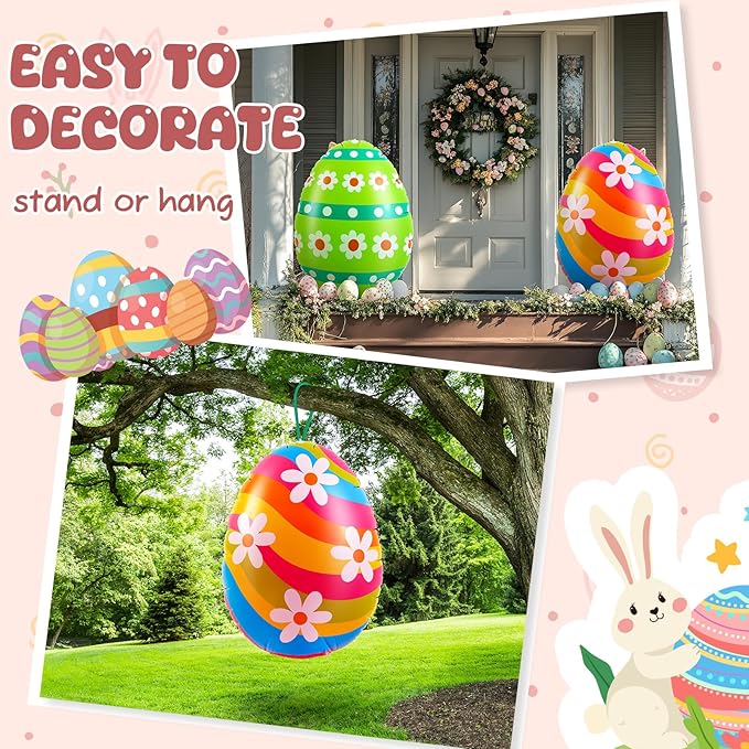 Liliful 2 Pcs 40inch Giant Easter Inflatables PVC Decorations Standing Blow up Colorful Easter Egg Rabbit Bunny Outdoor Decor for Holiday Party Yard Indoor Outdoor Garden Lawn(Daisy Stripe)