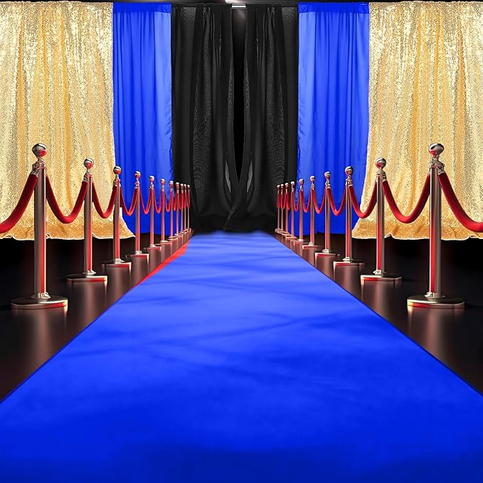 Gold Black Blue 7 Pcs Movie Night Sequin Backdrop Curtains 2ft x 8ft Photo Background Curtain Stage Door Entrance Runner Cover for New Year Movie Night Theme Party Wedding Birthday Decor