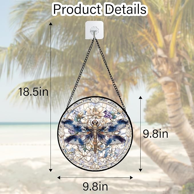 Stained Glass Window Hanging, Dragonfly Flower Suncatcher for Doors Home Sun Catchers Decoration and Christmas, Mother's Day Birthday Gifts for Women, Men, and Mom 9.8 in