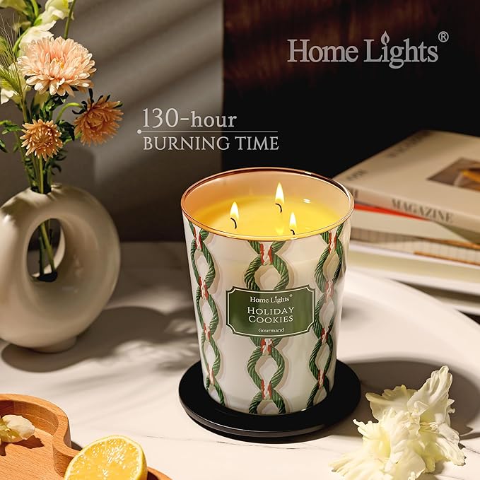 HomeLights Scented Candles | Large Jar 34 Oz Natural Soy Candle | 130 hrs Long-Lasting with 3 Wicks | Rustic Modern Home Decor | Gifts for Mom & Women, Holiday Cookies