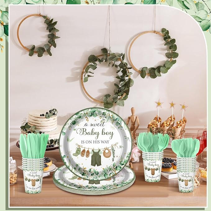 Dandat 350 Pcs Baby Shower Plates Set Baby Shower Party Supplies Serves 50 Tableware Sets Include Plates Napkin Cup Forks Knives Spoons Disposable Dinnerware (Boho,Green)