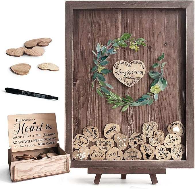 Y&K Homish Wedding Guest Book, Guest Book Alternative Favors with 80 Hearts & Green Wreath, Wedding Decorations for Reception(Rustic Brown)