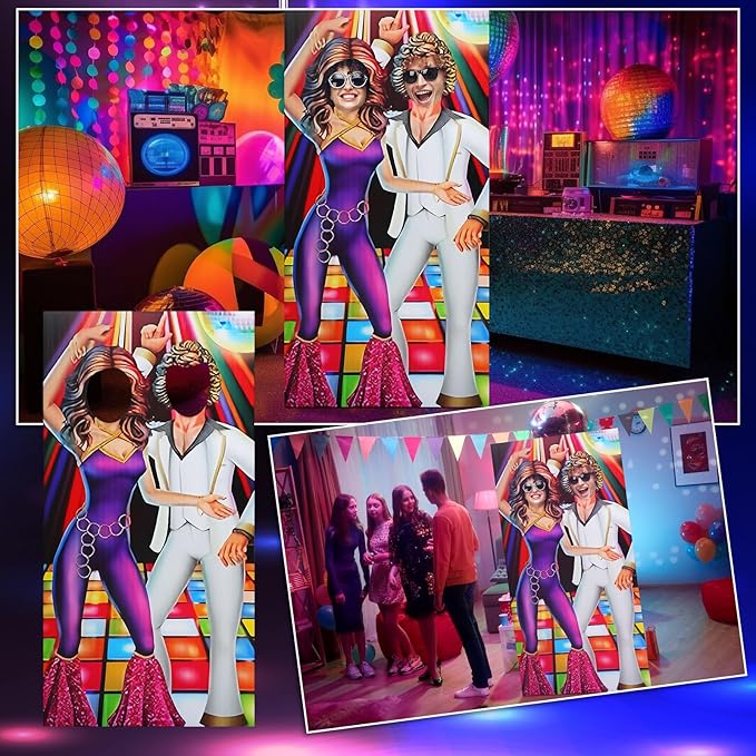 Amyhill 6 ft 70s Disco Couple Cardboard Cutout Stand up Retro Faceless Life Size Photo Prop Vintage Dance Couple Backdrop for Dance Theme Jazz Night Party Decoration