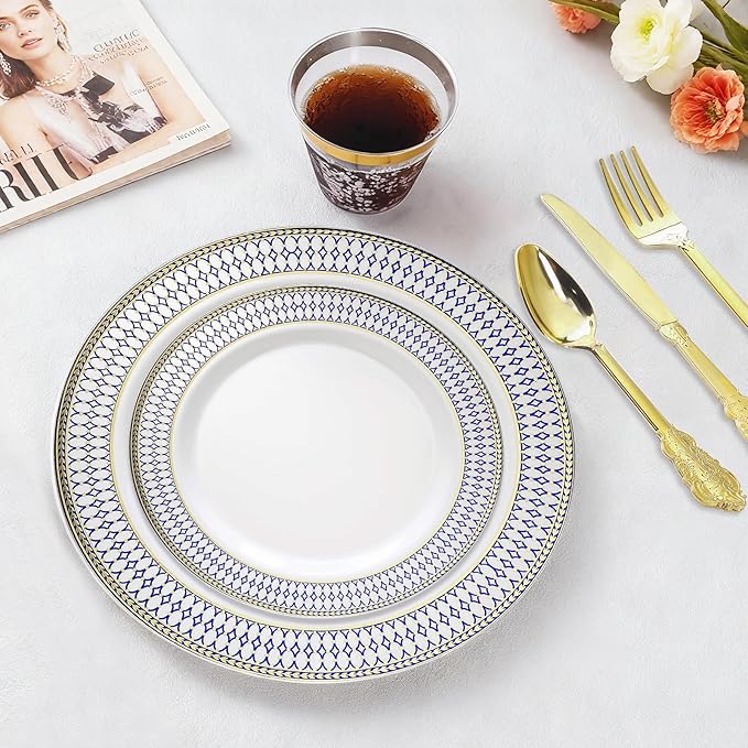 MENDENG 350Pcs Plastic Plates for Party Plates Disposable Heavy Duty Platos Desechables Elegantes, Thanksgiving Christmas Plates Disposable with Cups and Napkins and Gold Cutlery Set