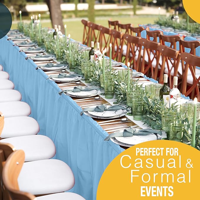 Exquisite Ruffle Table Skirt Light Blue 12 Pack 14 Ft Long Table Skirts for Rectangle Tables 6ft Plus or Round Tables Skirts with Adhesive Strip for Gender Reveal Decor & Happy Birthday Parties