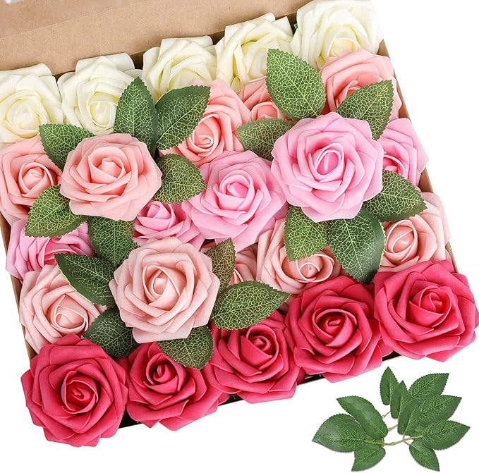 AmyHomie Artificial Flower Seriesa Red Rose 100pcs Real Looking Fake Roses w/Stem for DIY Wedding Bouquets Centerpieces Arrangements Party Baby Shower Valentines Day Christmas Tree Decorations