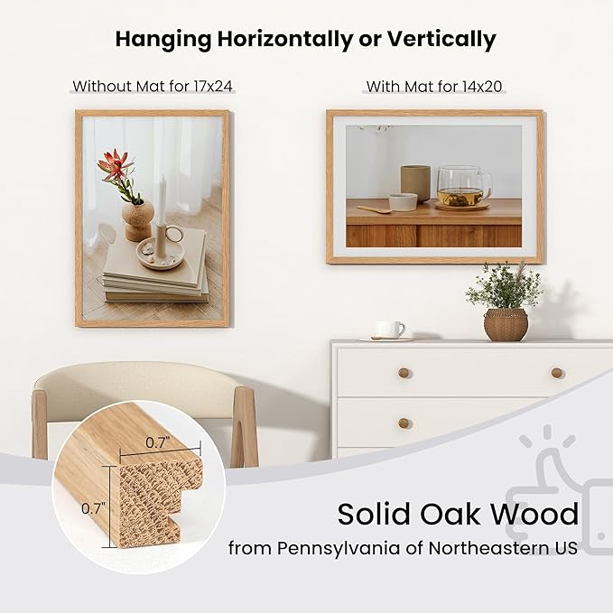 Axeman 17x24 Picture frame with mat for 14x20, Tempered Glass and Hanging Hardware Included Natural Oak Home Decor Art Hanging Poster Frame, Natural Oak