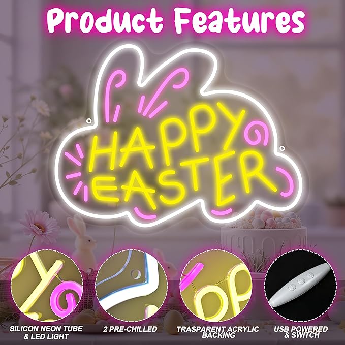 Happy Easter Neon Signs for Wall Decor, Bunny Light Up Sign, Happy Easter Home Wall Decoration for Bedroom, Bar, Kid Room Party Gifts