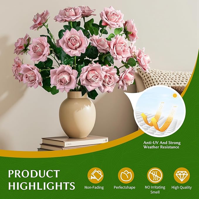 Artificial Flowers Artificial Roses Fake Roses 23.2In 20PCS Long Stem Artificial Flowers for Tall Vase Silk Rose Suitable for Indoor Wedding Party Decor Valentine's Day DIY Bouquet Spring,Pink