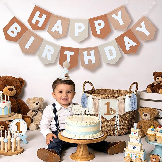 Bear First Brown Felt Happy Birthday High Chair Banner Pre-strung Birthday Hanging Decoration With Birthday Hat One Cake Topper For 1st Birthday Party Decor