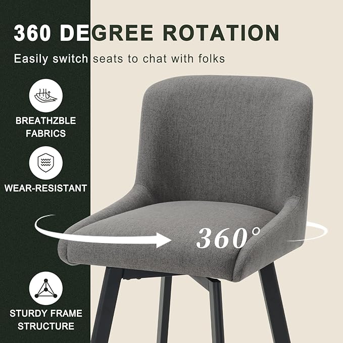 Swivel Bar Stools Set of 4, 29''H Upholstered Barstools with Backs, Modern Counter Height Bar Stool Chairs for Kitchen Island, Metal Legs, Fabric, Gray Counter Stools