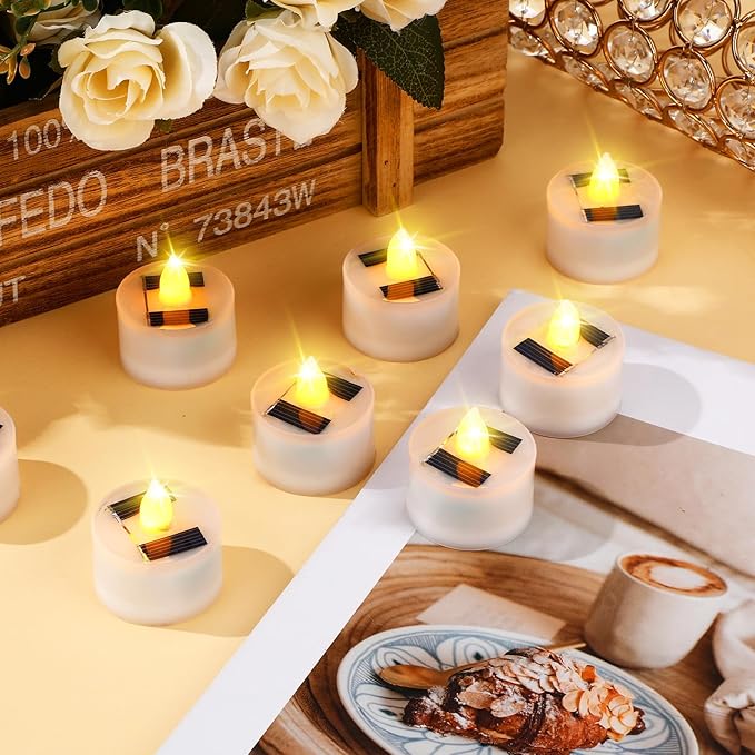 54 Pcs Solar Tea Lights Bulk Outdoor Waterproof Rechargeable Dusk to Dawn Lighting Small Valentine's Day Flameless Flickering LED Votive Candles for Garden Patio Party Lanterns (Amber)