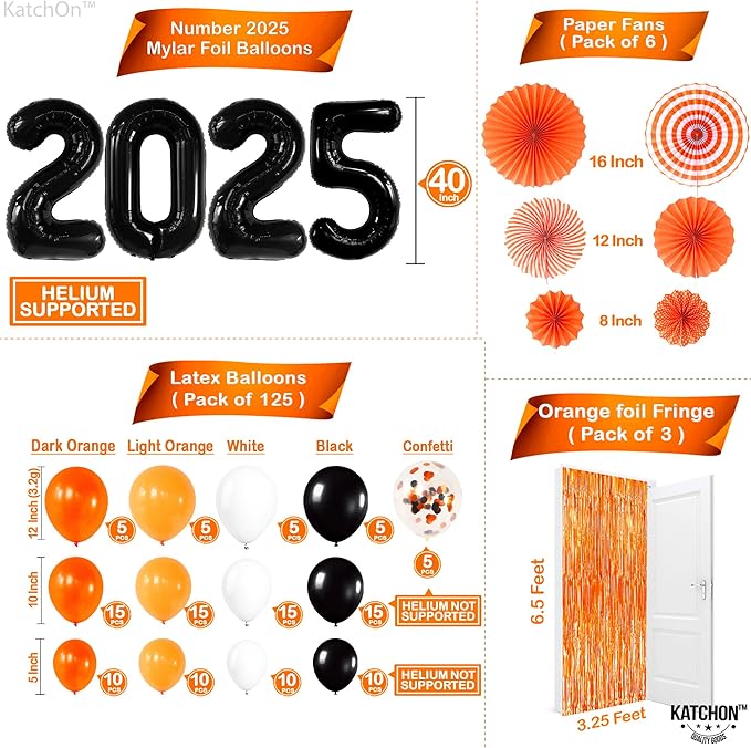 KatchOn, 2025 Orange and Black Graduation Balloon Arch Kit 2025 - Huge, Pack of 168 | Grad Decor 2025 | Orange Fringe Backdrop | Graduation Decorations 2025, Grad Party Decorations