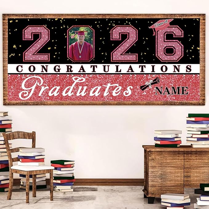 Custom Photo Graduation Garage Door Banner Personalized 2026 Grad Banner 7x16ft Porch Door Sign Decoration Outdoor Photo Booth Backdrop Party Supplies(Rose Gold Pink)
