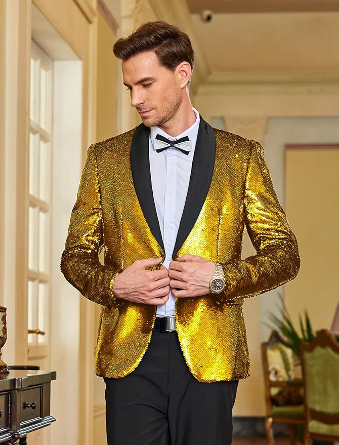 COOFANDY Mens Shiny Sequin Blazer Tuxedo Party Dinner Prom One Button Suit Jacket