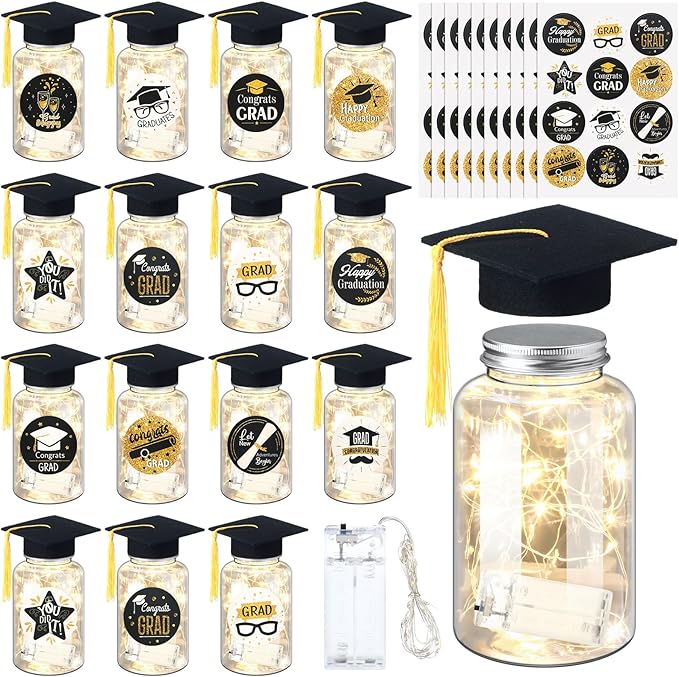 Boao 16 Sets Graduation Table Decoration Set with LED Light up Graduation Decorations for Class of 2026, Grad Jar, Felt Grad Hat and Stickers for High School College(Black)