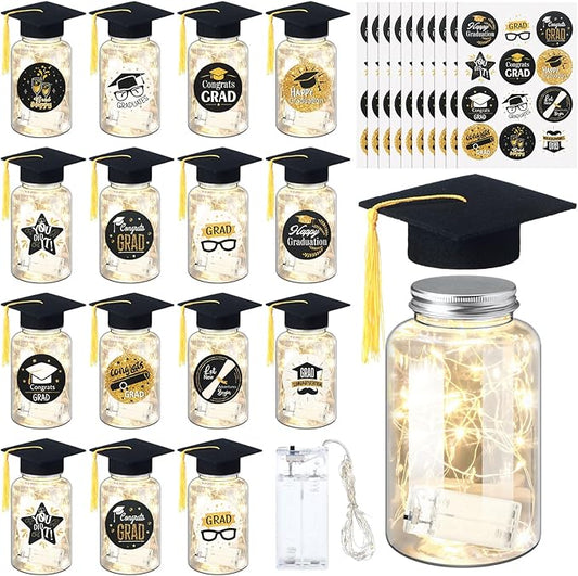 Boao 16 Sets Graduation Table Decoration Set with LED Light up Graduation Decorations for Class of 2026, Grad Jar, Felt Grad Hat and Stickers for High School College(Black)
