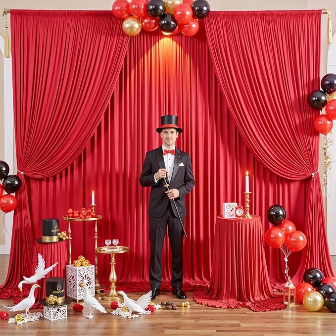 gogoparti 10x12ft Red Backdrop Curtain for Wedding Parties, 2 Panels (5x12 ft Each) Wrinkle-Free Dackdrop Curtains, Silky Draping Fabric for Birthday Party, Baby Shower, Photo Background