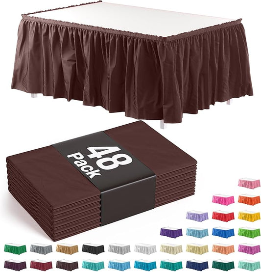 Exquisite Ruffle Table Skirt Brown 48 Pack 14 Ft Long Table Skirts for Rectangle Tables 6ft Plus or Round Tables Skirts with Adhesive Strip for Gender Reveal Decor & Happy Birthday Parties