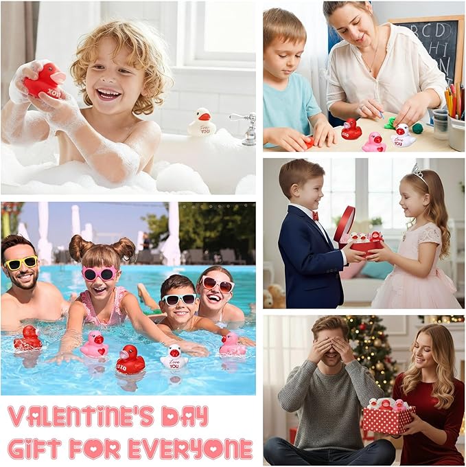 200 Pcs Valentine's Day Rubber Duck Heart XOXO Valentines Duck 1.4 Inch Pink Red White Float Toys for Party Favors Prizes Exchange Gifts Goodie Bag Fillers, 3 Styles