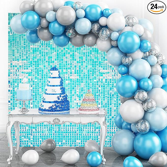 Iridescent Blue Shimmer Wall Backdrop,Shiny Sequins,24PCS Sequins Backdrop Decoration Panels, Glitter Bling Photo Background Decorations for Birthday Party Wedding Anniversary Graduation