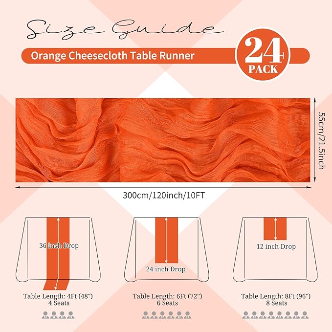 24 Pack Orange Cheesecloth Table Runner 120 inch Fall Thanksgiving Boho Rustic Gauze Farmhouse 10FT Cheese Cloth Runner for Baby Shower Wedding Party Holiday Home Decor