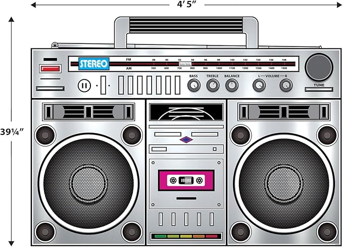 Beistle 80s Boom Box Stand-Up, Retro Metallic Cardboard Decoration, Perfect for 1980s ERAS Theme Dance Parties, Photo Booth Props, and Throwback Events, Large 3' 3¼" x 4' 5"